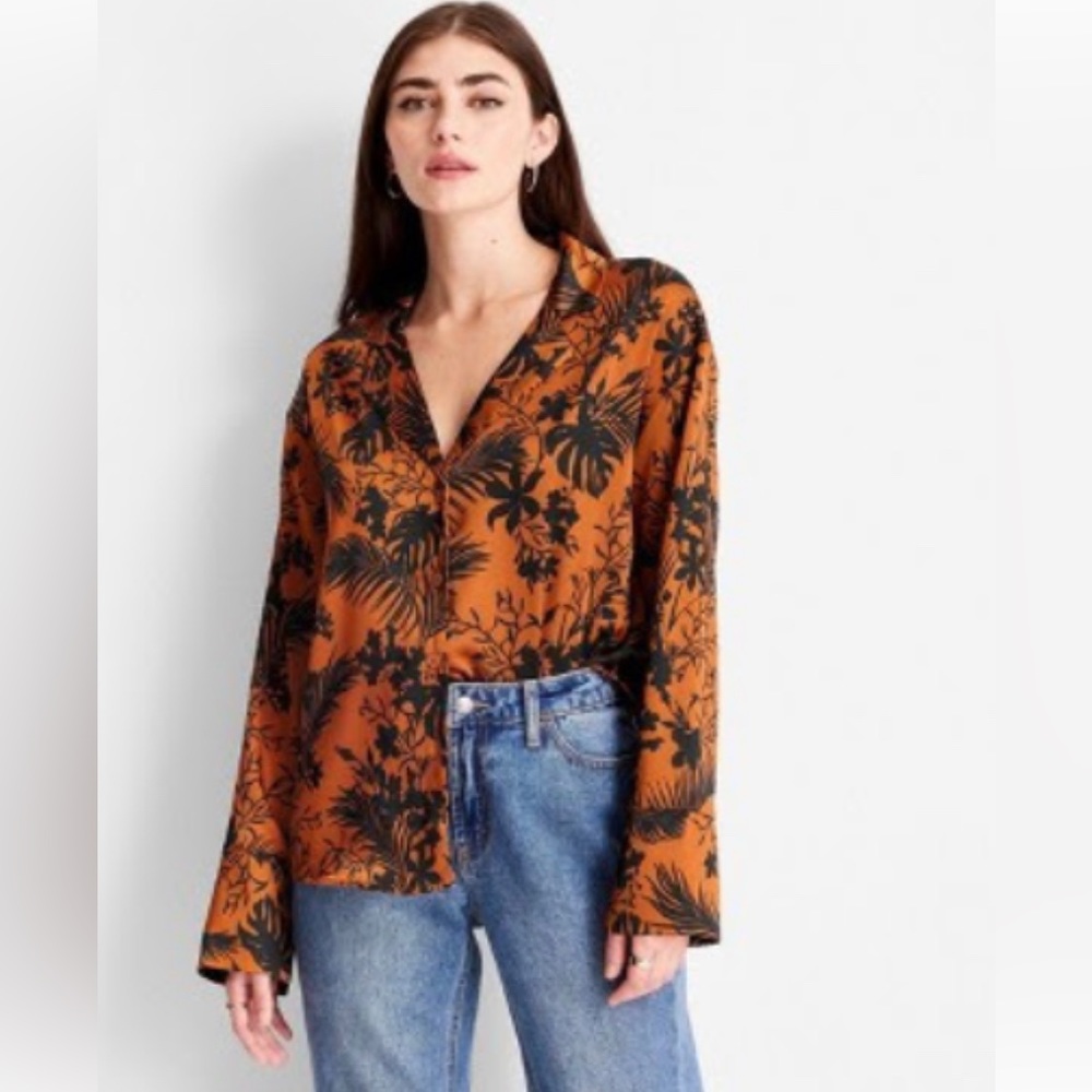 Satin Print Button Up with Palm Trees